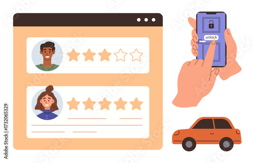User profiles with ratings, hand unlocking a car via mobile app, car icon. Ideal for car-sharing, user feedback, digital access, customer reviews, mobility technology service platforms. A simple