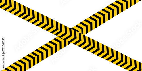 Horizontal and crossed caution tapes with black and yellow chevron print. Warn borders in construction work zone or criminal scene. Hazard, risk, emergency or stop signs.