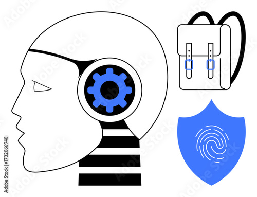 Profile of a robotic human head with a gear wheel, a backpack, and a shield featuring a fingerprint symbol. Ideal for technology, cybersecurity, education, identity, AI, innovation safety simple