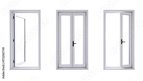 Three white doors with glass panels isolated on transparent background