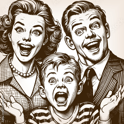 cheerful family with mother, father, and child, excited and surprised expressions sketch engraving generative ai fictional character vector illustration. Scratch board imitation. Black and white image
