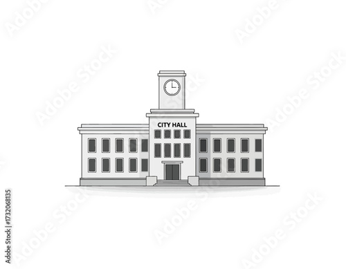 Illustration of a city hall building with a clock tower, representing government, civic services, and urban planning in a clean, modern vector style