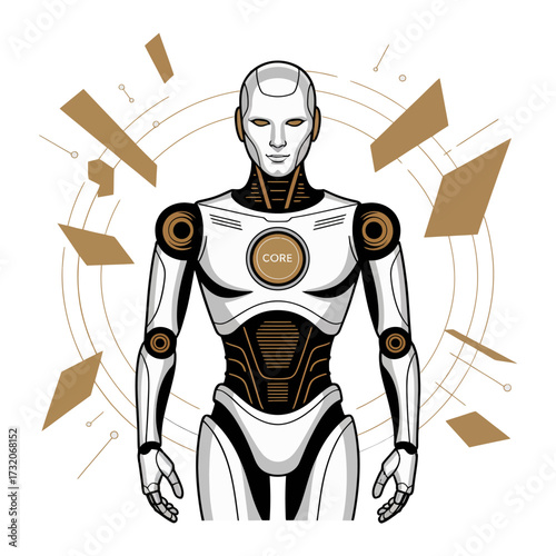futuristic humanoid android, plated armor body, kinetic burst accents, advanced robotics hero, cinematic figure concept, technology vector illustration
