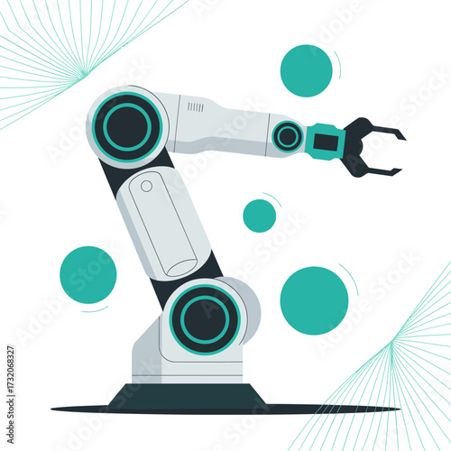 Mechanical robotic arm, advanced articulating joints, teal geometric background, smart manufacturing theme, engineering equipment, vector graphic, futuristic style