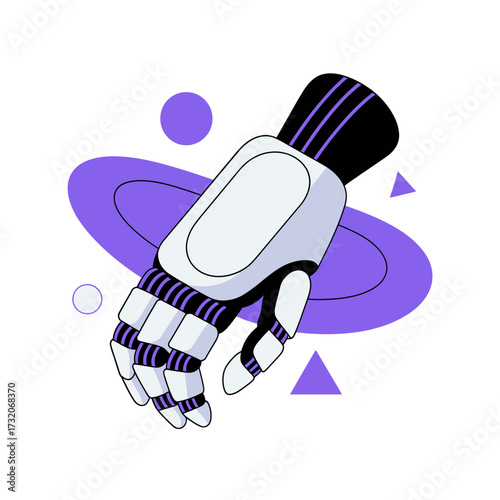 cyber robotic hand gesture, futuristic gauntlet device, purple abstract shapes, sci fi interface element, innovation technology vector illustration