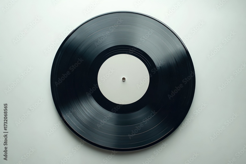 Fototapeta premium A close-up, top-down shot of a vinyl record, showing grooves, central label, and simple background