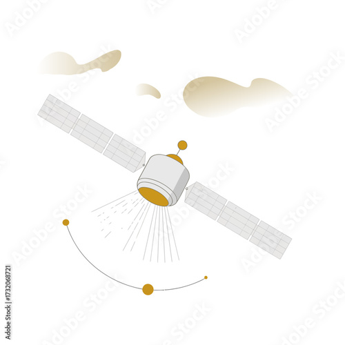 Canvas Print communication satellite in orbit, golden spacecraft icon, telemetry signals, sci