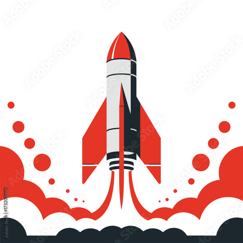 red rocket launch, upward trail plumes, space exploration concept, startup metaphor, dynamic propulsion graphic, bold modern vector