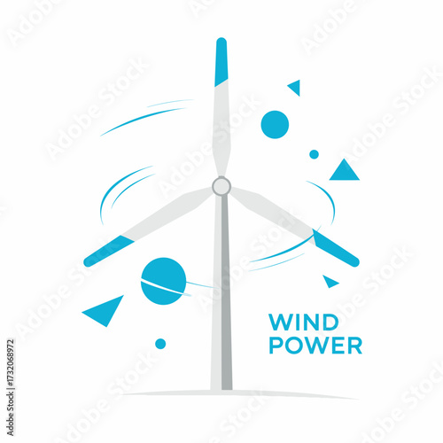 wind power turbine, aerodynamic blades, sustainable electricity generation, abstract geometric accents, environmental technology design, modern vector