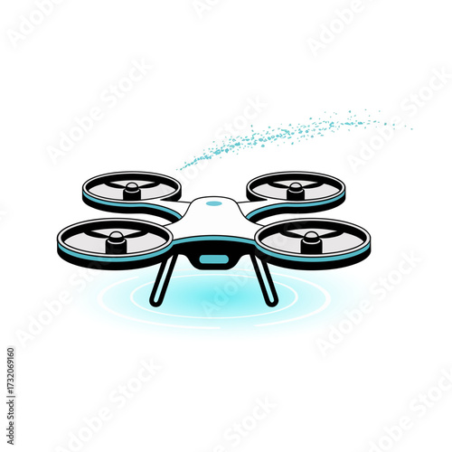 Modern quadcopter drone, hovering aerial robot, blue motion streaks, technology gadget icon, surveillance photography concept, clean vector artwork