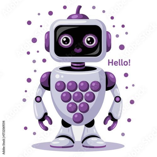 Friendly purple robot, grape buttons interface, hello speech bubble, cute tech mascot, fruity theme design, vector