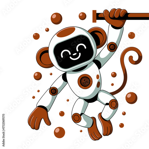 Futuristic space monkey, dynamic pose with spheres, cyber body plating, advanced android primate mascot, science fiction vector