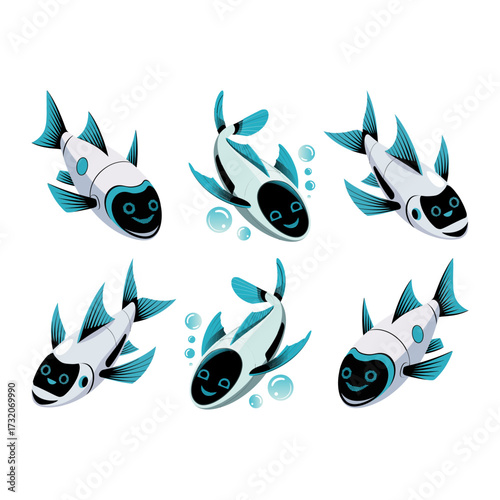 robotic fish swarm collection, flying drones set, sleek wings, teal accents, futuristic aviation pack, modern technology vector