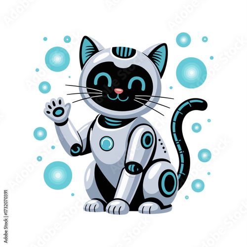 robotic cat character, smiling whiskered face, metallic limbs, cheerful waving pose, family friendly tech pet, simple vector illustration