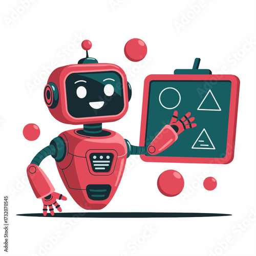 red training robot, blackboard with shapes, instructive lesson theme, playful education mascot, geometry graphics, cheerful futuristic vector illustration