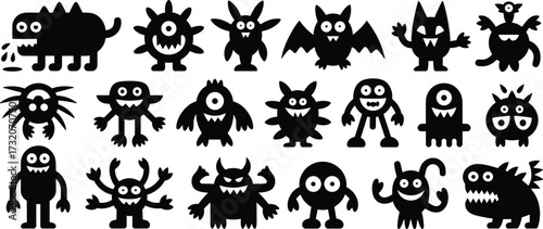 Funny monster silhouettes vector illustration, cute spooky cartoon creatures, Halloween character design, scary monster icons, children fantasy monsters clipart, black silhouette monster set