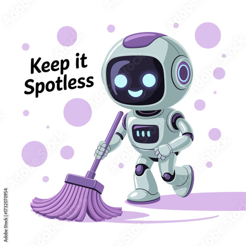 Keep it spotless message, adorable mop robot, round eyes glowing, janitorial service mascot, tidy floor care vector illustration