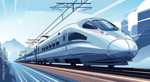 Dynamic illustration of a futuristic high-speed train speeding through a modern urban landscape, symbolizing rapid progress and efficient travel infrastructure