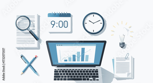 Business analytics and planning with laptop, clock, magnifying glass, calendar, and lightbulb, representing strategy, research, and innovation for success