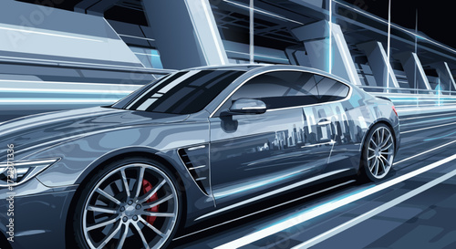 Sleek modern sports car in motion, reflecting a futuristic cityscape, highlighting speed and advanced automotive design