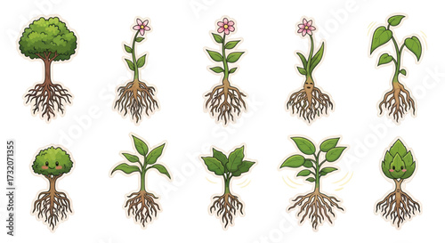 Stylized botanical illustrations of various plants trees and flowers with exposed roots.