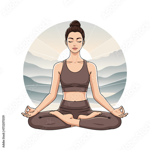 Serene woman meditating in lotus pose amidst breathtaking mountain landscape, promoting wellness and inner peace through mindful practice and balanced lifestyle