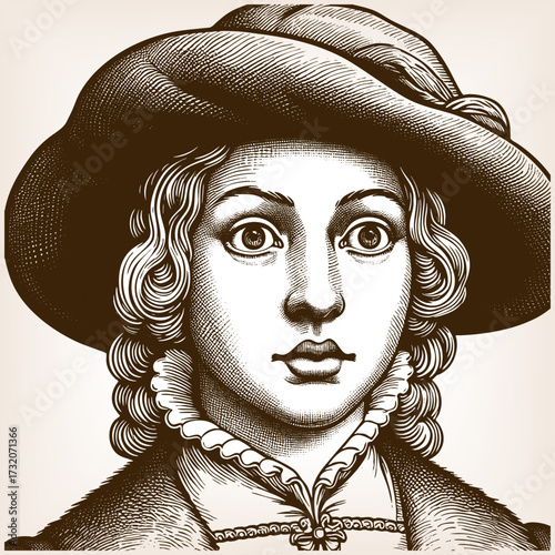 historical character wearing a wide-brimmed hat and ruffled collar, expressive and curious gaze sketch engraving generative ai fictional character vector illustration. Scratch board. Black and white.