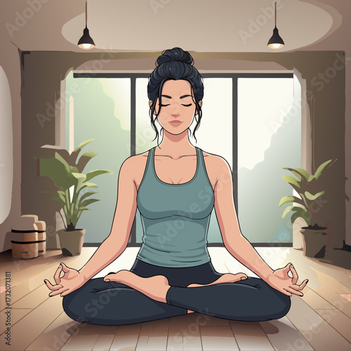 Serene Woman Meditating in Lotus Pose Indoors, Embracing Calmness and Inner Peace, a Symbol of Mindfulness and Wellness