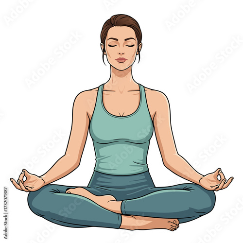 Illustration of a serene woman meditating in a peaceful lotus pose, embodying tranquility and mindfulness for a balanced lifestyle and well-being