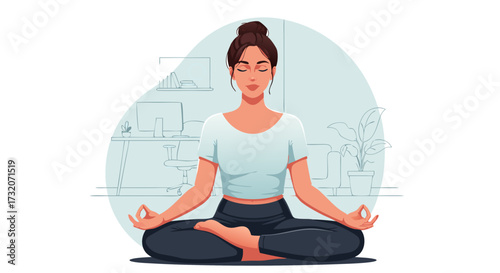 Woman practicing yoga and meditation in a relaxed lotus pose, promoting mindfulness and inner peace in a comfortable home or office environment