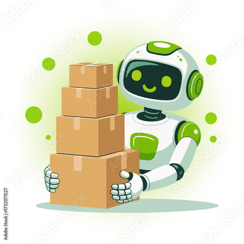 Smiling robot stacking cardboard boxes, packaging helper, moving day concept, courier service icon, smart logistics automation, vector