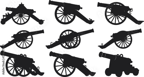 Cannon silhouette illustration, vintage artillery vector, historical weapon graphic, old war cannon design, military history symbol, antique gunpowder firearm art
