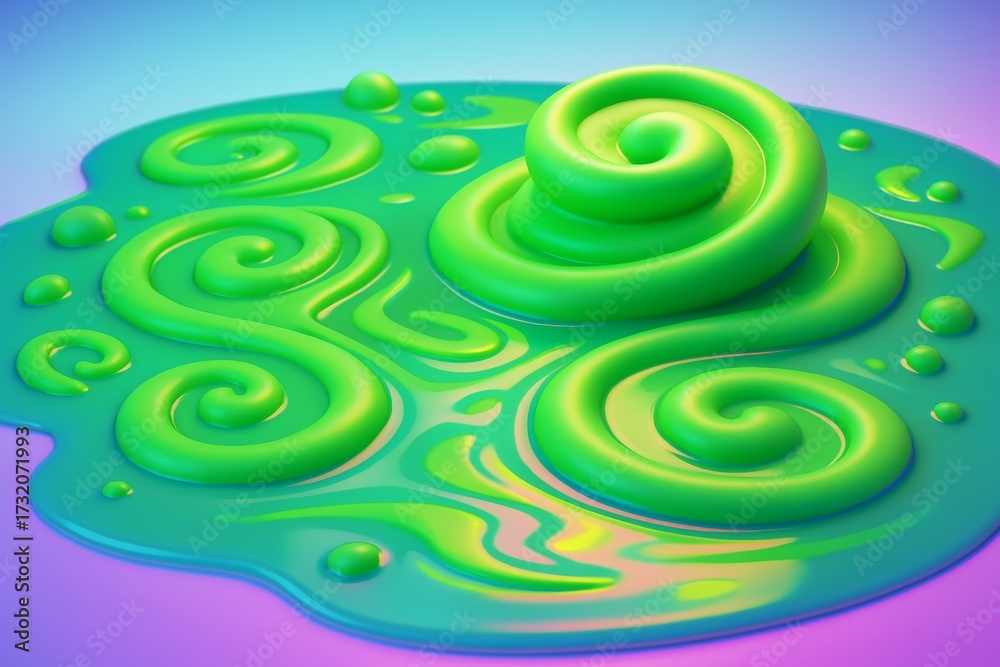 Fototapeta premium Abstract green swirl shapes with glossy texture on colorful gradient background forming a fluid organic pattern in surreal light environment. Ai generative