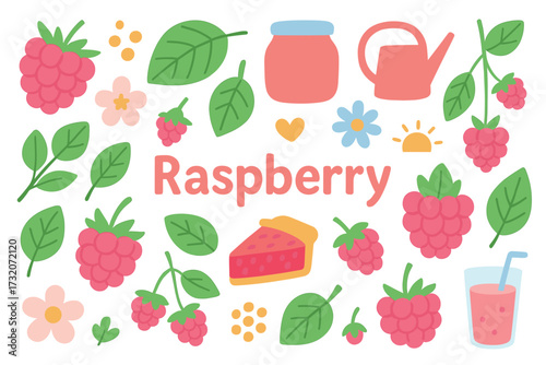 Raspberry delight: fresh berries, leaves, and jam with floral accents