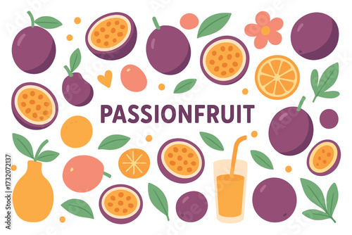 Passionfruit and tropical elements with leaves and sunshine