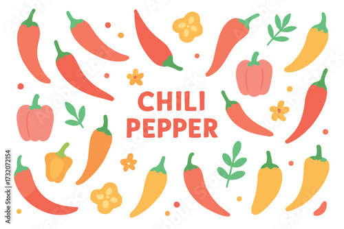 Colorful various chili peppers with leaves and flowers on white background