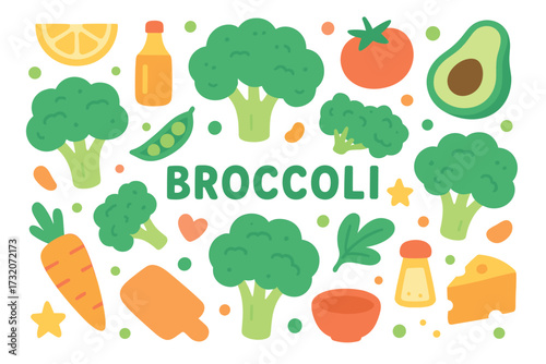 Colorful broccoli and vegetables illustration with avocado, tomato, and carrot