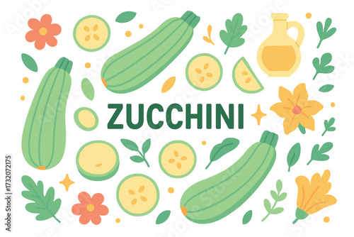 Zucchini pattern with sliced veggies and floral elements on white background