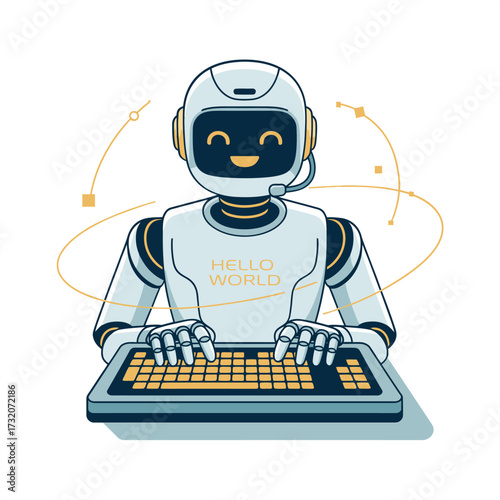 newsroom robot typing fast, keyboard glow effect, information editor concept, digital media worker, contemporary technology vector artwork