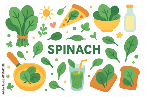 Colorful spinach-themed illustration with food and drink elements