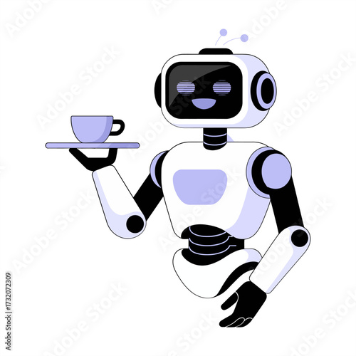 Service robot waiter holding tray with cup, cafe helper, hospitality automation concept, friendly droid mascot, vector illustration