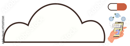 Cloud outline, mobile phone with medical prescription data, molecules, and capsule. Ideal for healthcare, telemedicine, medical apps, cloud tech, data management remote care simple flat metaphor