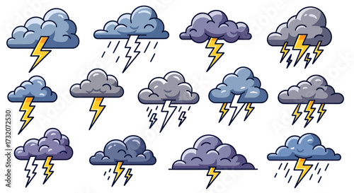 Cartoon Weather Icons: Stormy Clouds with Lightning and Rain.