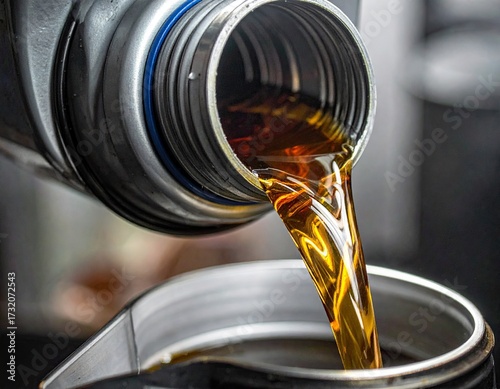 Dark amber motor oil pouring