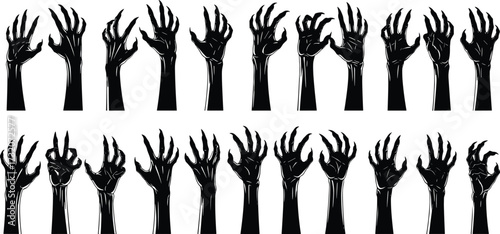 Creepy zombie hands silhouette collection, scary monster claws illustration, horror hand gesture set, spooky dark art design, Halloween vector