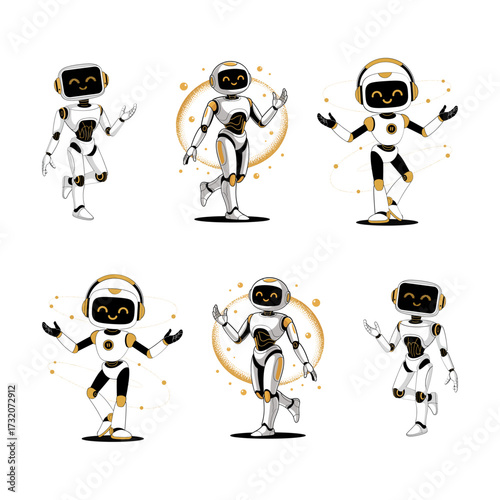 robot character poses collection, cute service android set, various gestures and actions, mascot pack, kids friendly, vector illustration