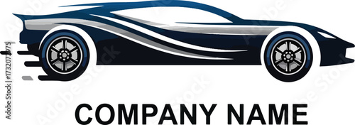 A sleek, dark blue sports car with dynamic silver racing stripes, depicted in profile with motion blur indicating speed, positioned above the text "COMPANY NAME".