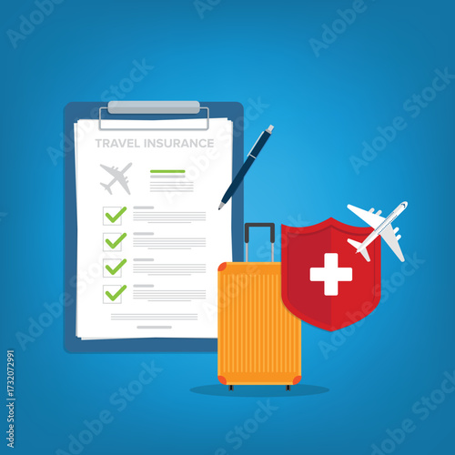 Travel insurance. Traveling luggage suitcase and airplane trip protect. Plane flight safety symbol. Aircraft journey risk protection.	
