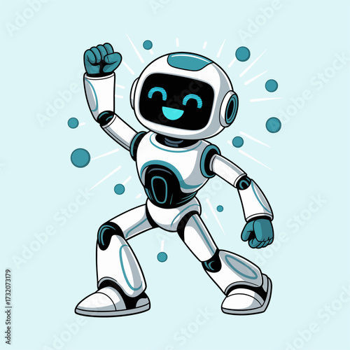 victory pose robot, cheering celebration gesture, sporty energy, metallic panels gloss, teal accents, positive mood, cartoon vector design