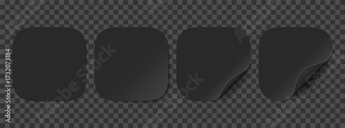 Vector set of black paper squircle stickers isolated on transparent background. Realistic square stickers curved with black corner and soft shadows.